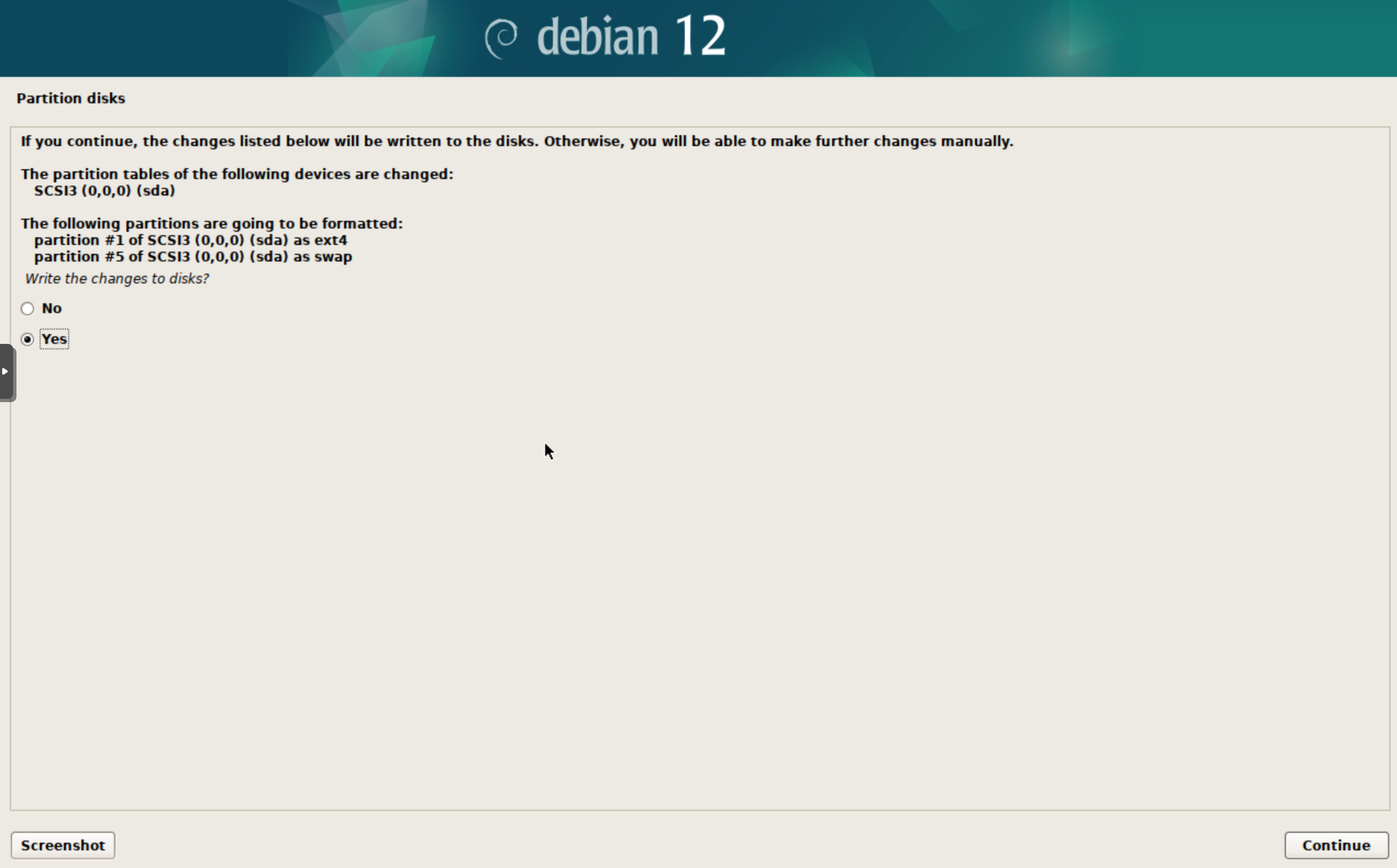 پیکربندی نصب Debian 12 روی دیسک - تایید و آغاز نصب