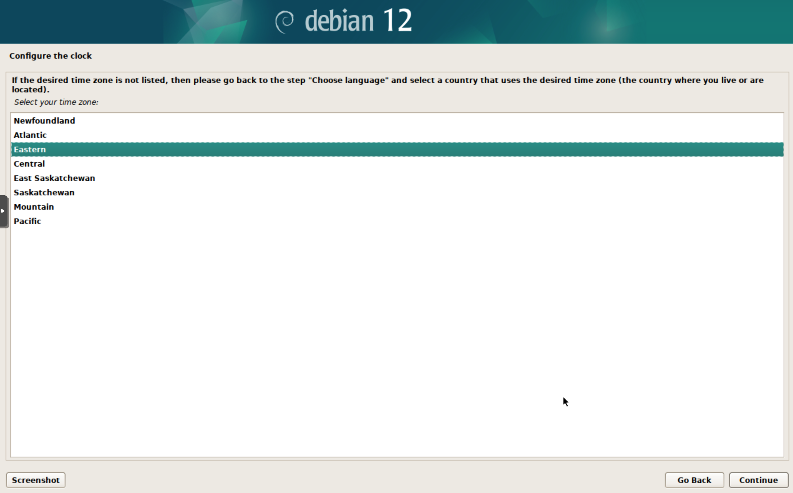 انتخاب منطقه زمانی سرور در نصب Debain 12