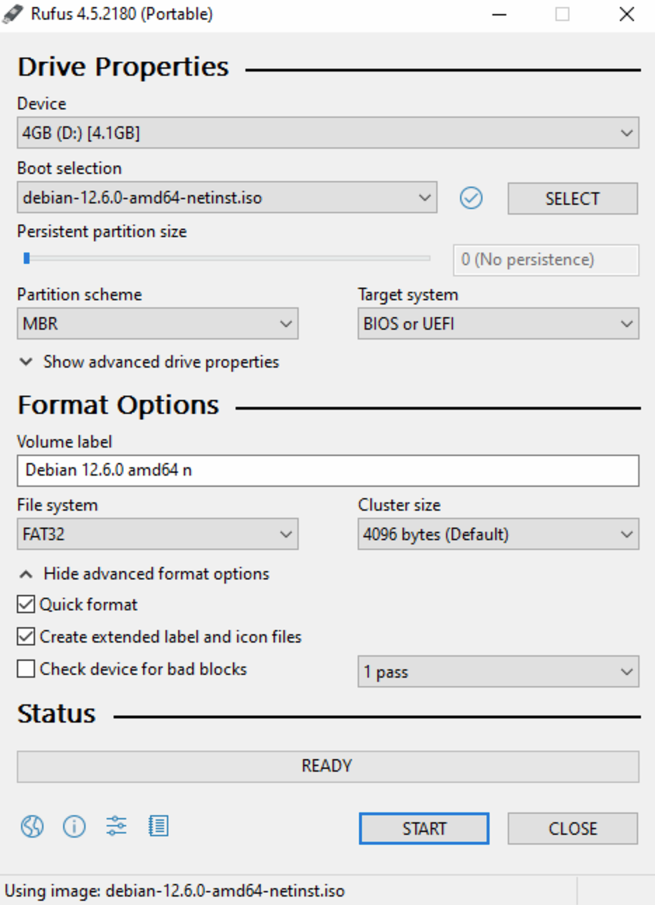 نرم افزار Rufus برای ساخت USB بوتیبل Debian 12